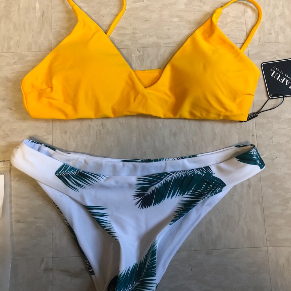 ZAFUL Leaf Print Padded Bikini Set - Bee Yellow M